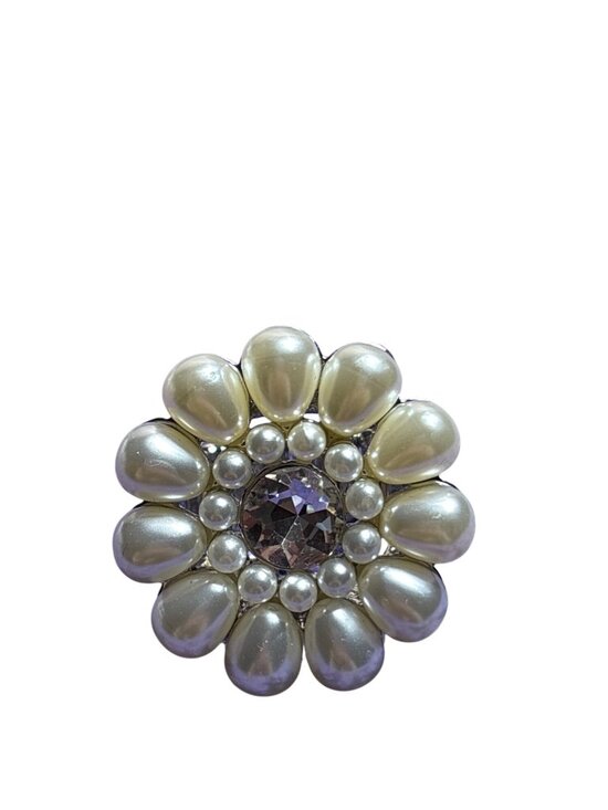 Jewelry - Faux Pearl Clear Rhinestone Silvertone Stretchy Ring